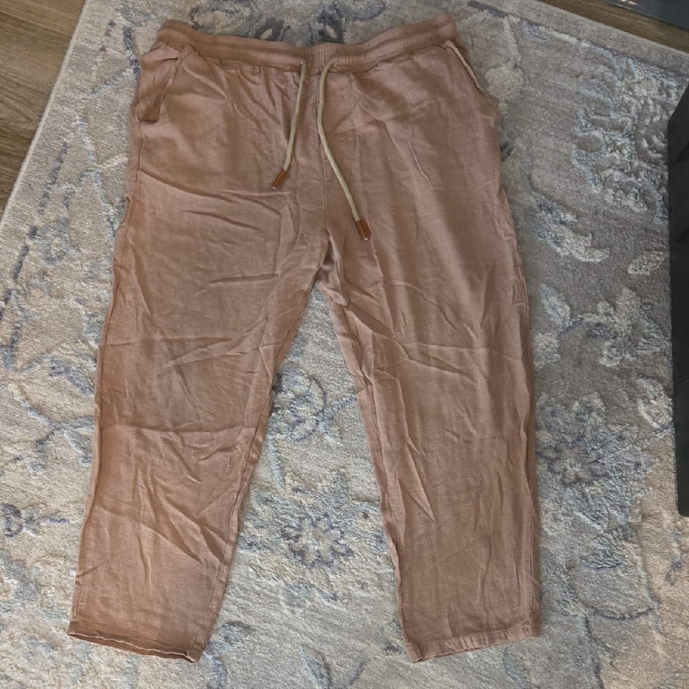 SHEIN Tan/Beige Drawstring Linen-Blend Pants